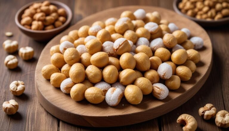 Cajuzinhos de amendoim caseiros cobertos de açúcar cristal dispostos em bandeja rústica de madeira