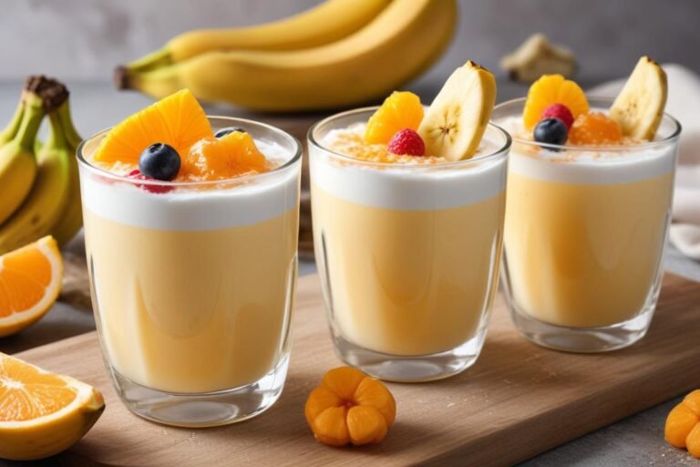 Vitamina Campeã cremosa servida em copo alto com banana, maçã, cenoura e pêssego