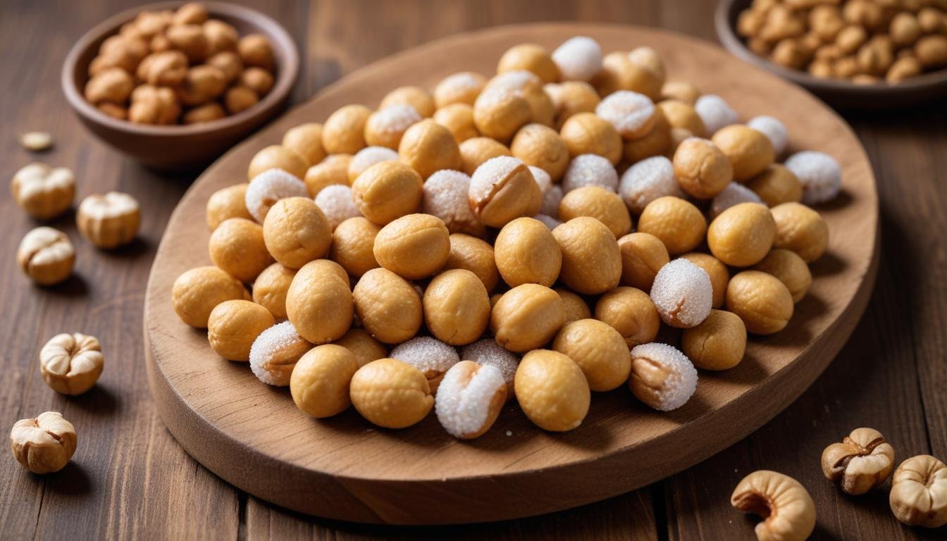 Cajuzinhos de amendoim caseiros cobertos de açúcar cristal dispostos em bandeja rústica de madeira