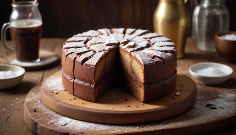 Fatia de bolo de Coca-Cola fofinho e macio sobre tábua de madeira, mostrando a textura úmida e dourada da massa