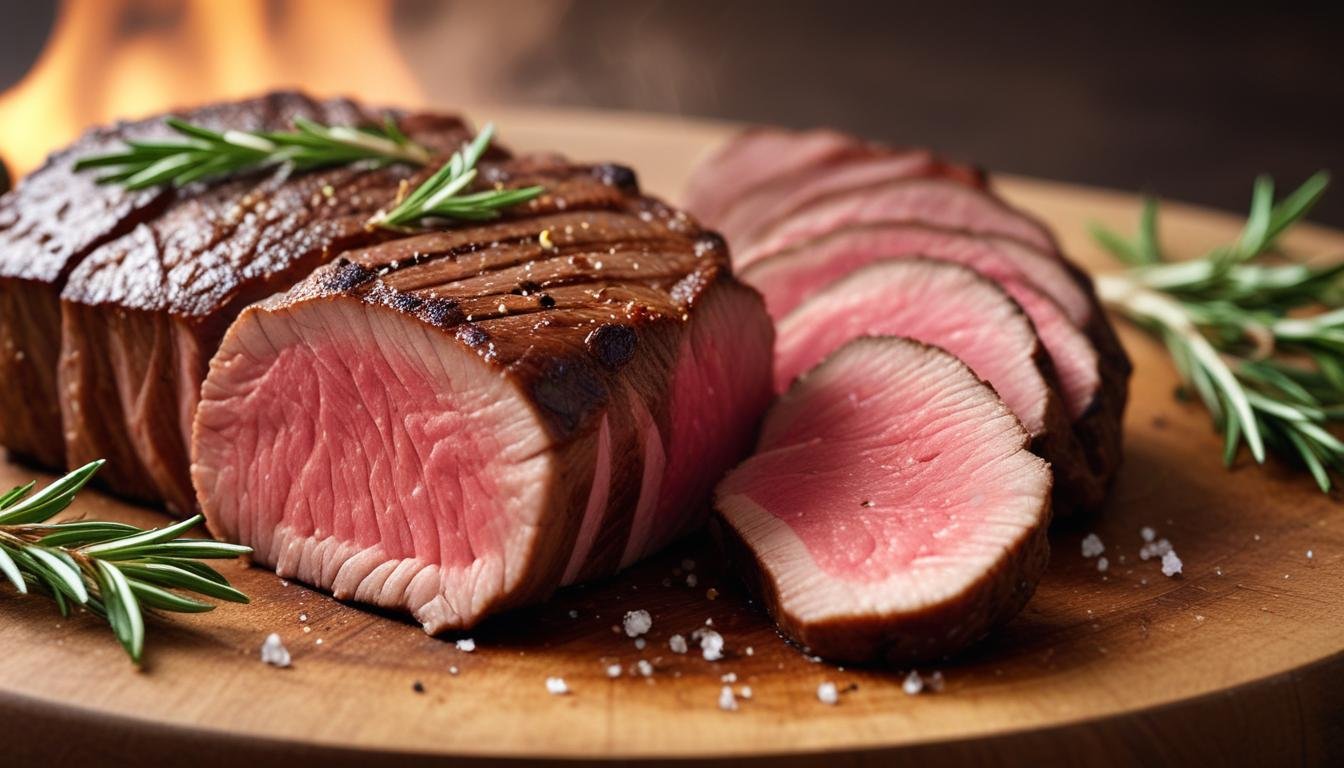 Picanha na air fryer fatiada sobre tábua de madeira, suculenta e dourada, perfeita para o almoço