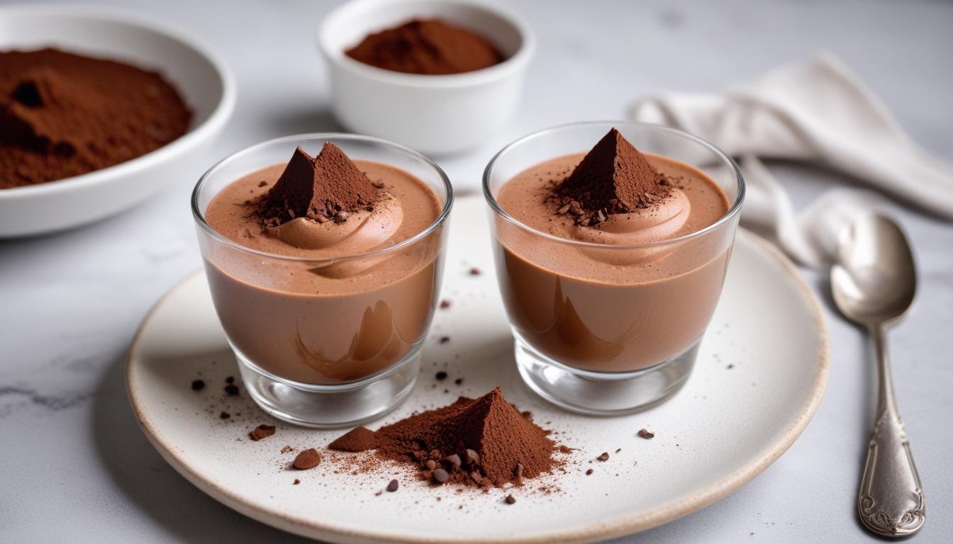 Mousse de Chocolate Light cremoso servido em taças de vidro com raspas de chocolate diet por cima