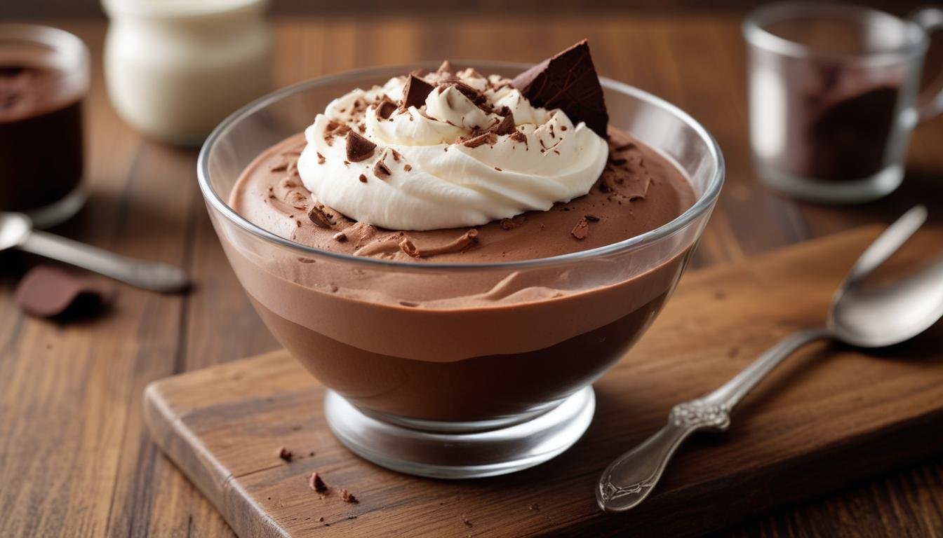 Mousse rápida de chocolate cremosa servida em taça de vidro com raspas de chocolate por cima