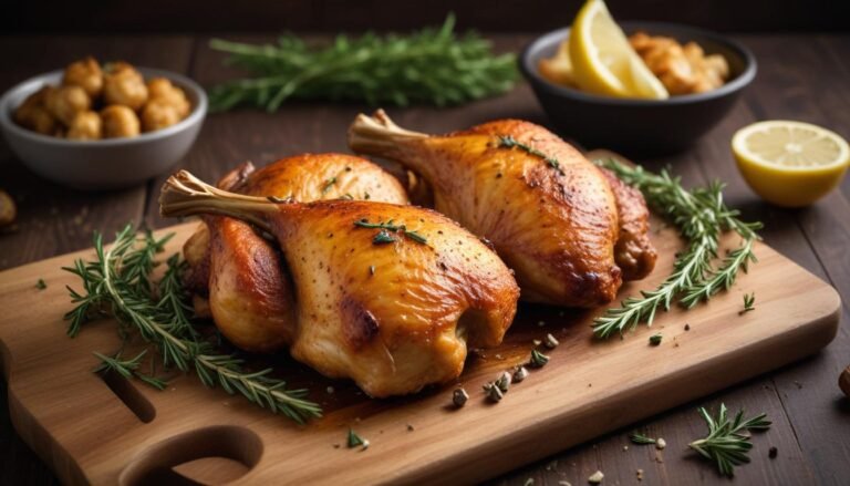 Frango air fryer jantar suculento com pele dourada e crocante servido em tábua de madeira com ervas frescas e limão