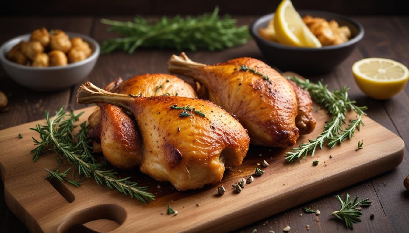 Frango air fryer jantar suculento com pele dourada e crocante servido em tábua de madeira com ervas frescas e limão