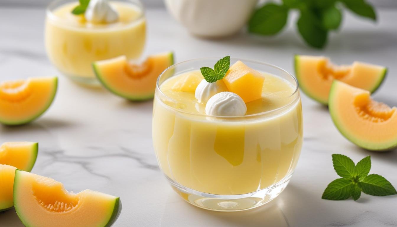 Melão refrescante light em taça de vidro com gelatina diet e cubos de melão fresco, servido gelado