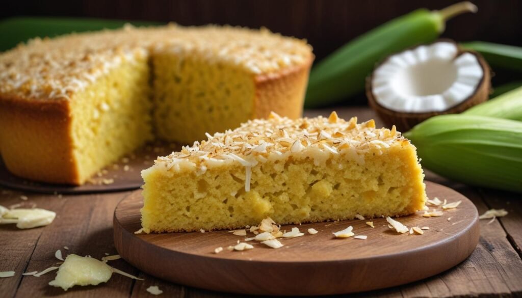 Fatia de bolo de milho verde fofinho com coco ralado em prato rústico, mostrando a massa amarela úmida e dourada