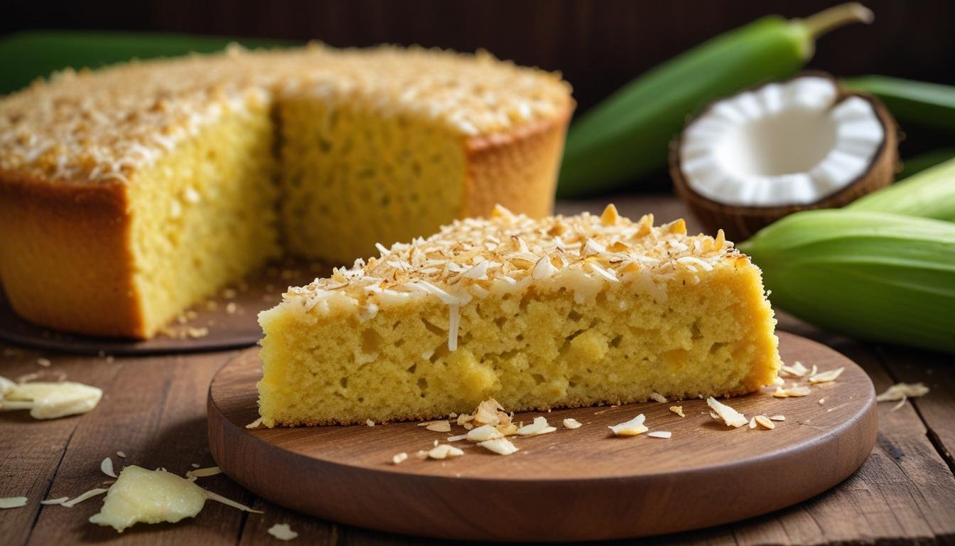 Fatia de bolo de milho verde fofinho com coco ralado em prato rústico, mostrando a massa amarela úmida e dourada