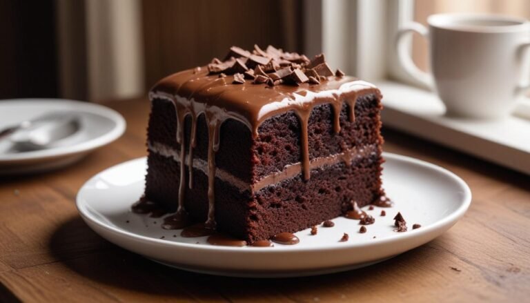 Fatia de bolo de chocolate fofinho com cobertura cremosa de leite condensado em prato branco