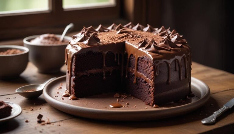 Bolo de chocolate fofinho coberto com brigadeiro cremoso, com uma fatia cortada mostrando a massa macia e úmida