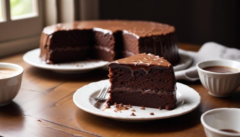 Fatia de bolo de chocolate fofinho com cobertura cremosa de brigadeiro, mostrando o miolo úmido e aerado