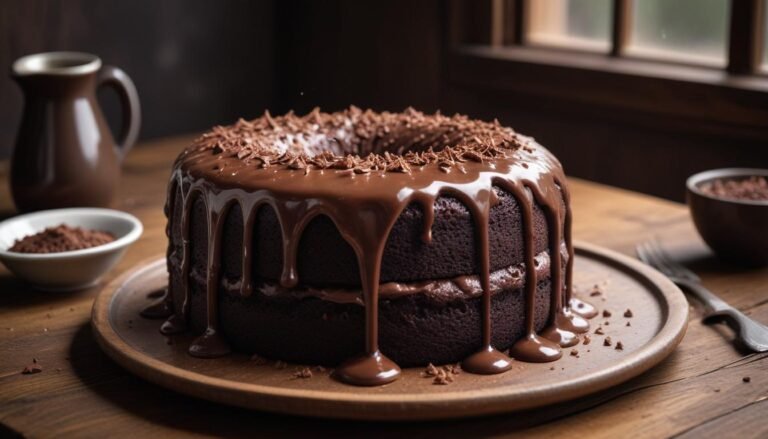 Bolo de chocolate fofinho com cobertura de brigadeiro cremoso, fatiado sobre mesa de madeira rústica