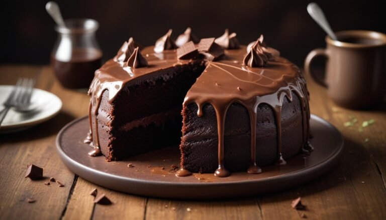 Bolo de chocolate fofinho com cobertura cremosa de brigadeiro, fatia cortada revelando a massa úmida e escura