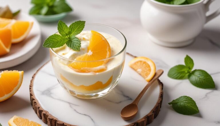 Lanche cremoso de laranja servido em taça de vidro com decoração de frutas frescas, receita fácil e rápida