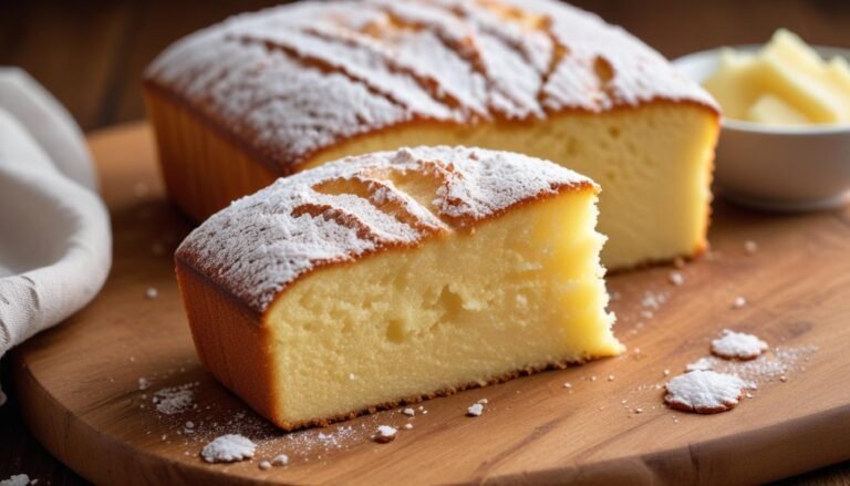 Fatia de bolo de leite fofinho e úmido com casquinha dourada, polvilhado com açúcar de confeiteiro, sobre tábua de madeira rústica