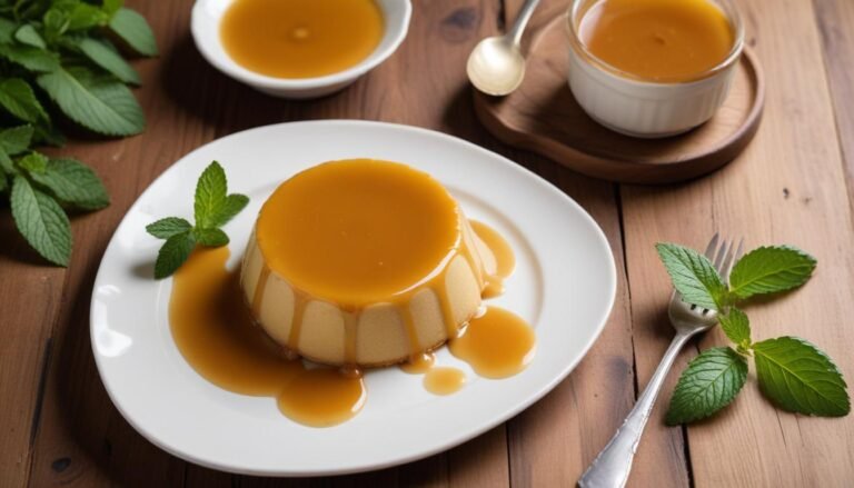 Pudim de leite condensado cremoso desenformado em prato branco com calda de caramelo dourada escorrendo pelas laterais