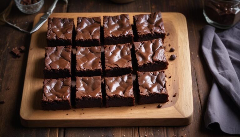 Brownie de chocolate caseiro cortado em quadrados com textura fudge e crosta crocante