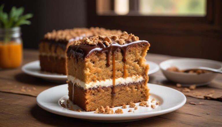Fatia de bolo de cenoura fofinho com cobertura de chocolate cremosa escorrendo pelas laterais, servida em prato branco sobre mesa de madeira