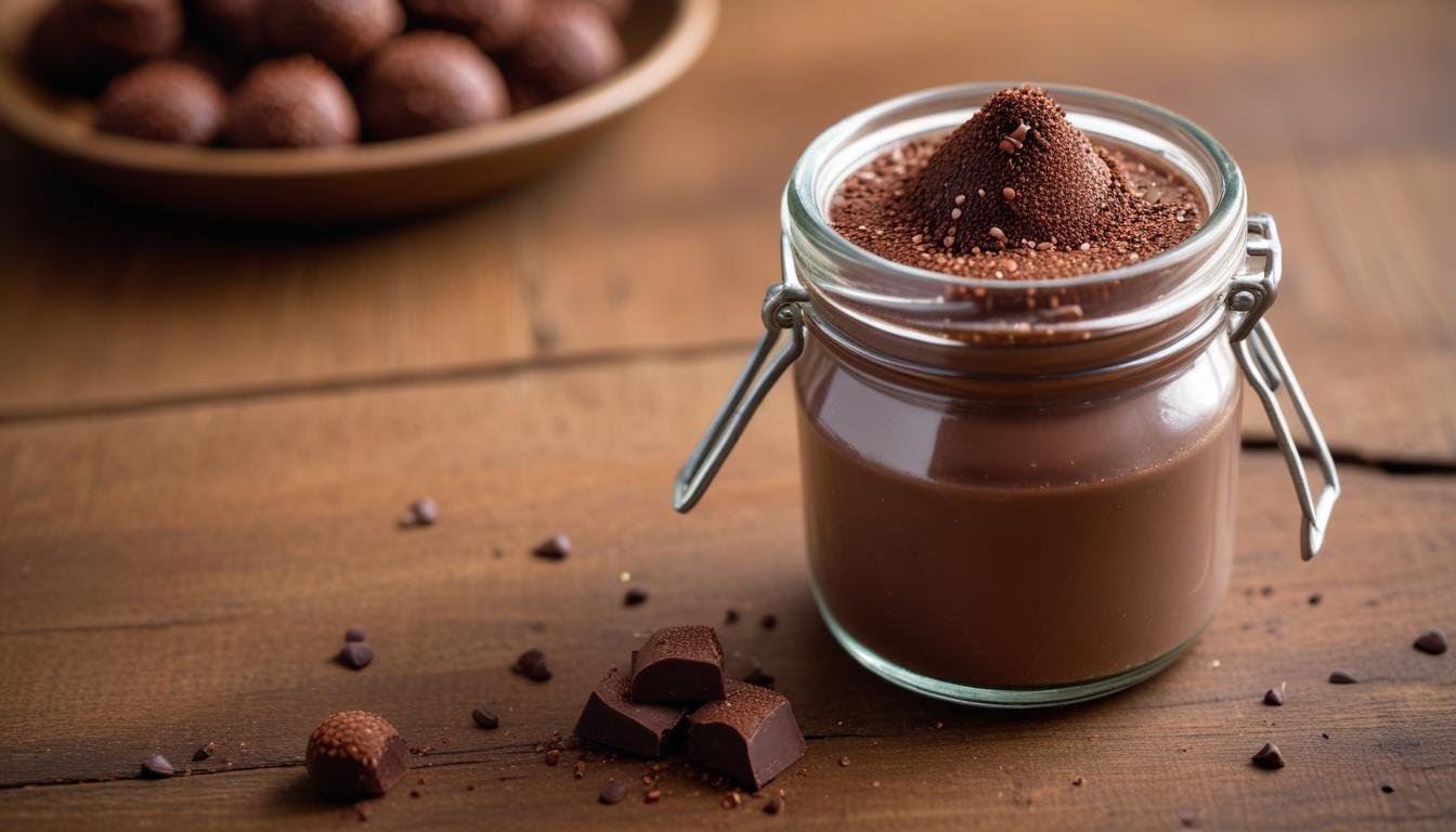 Brigadeiro de colher cremoso servido em potinho de vidro com granulado de chocolate por cima