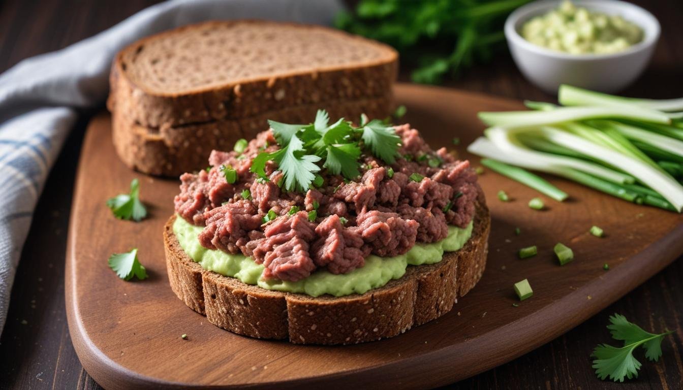 Carne de Onça tradicional curitibana servida sobre fatia de broa de centeio com cebolinha verde picada