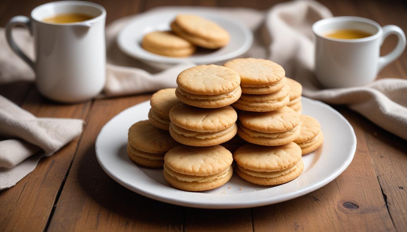 Biscoitos amanteigados dourados e crocantes empilhados em um prato branco, receita caseira fácil