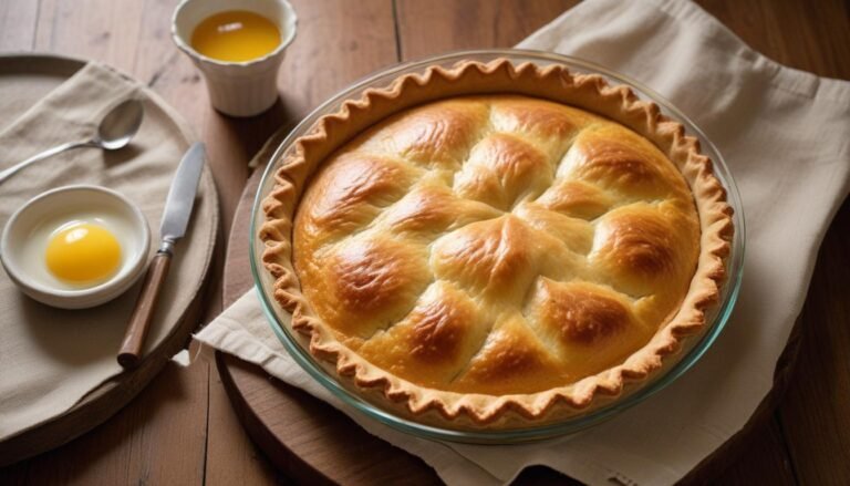 Massa de empadão dourada e assada em pirex de vidro, vista de cima, sobre mesa de madeira rústica