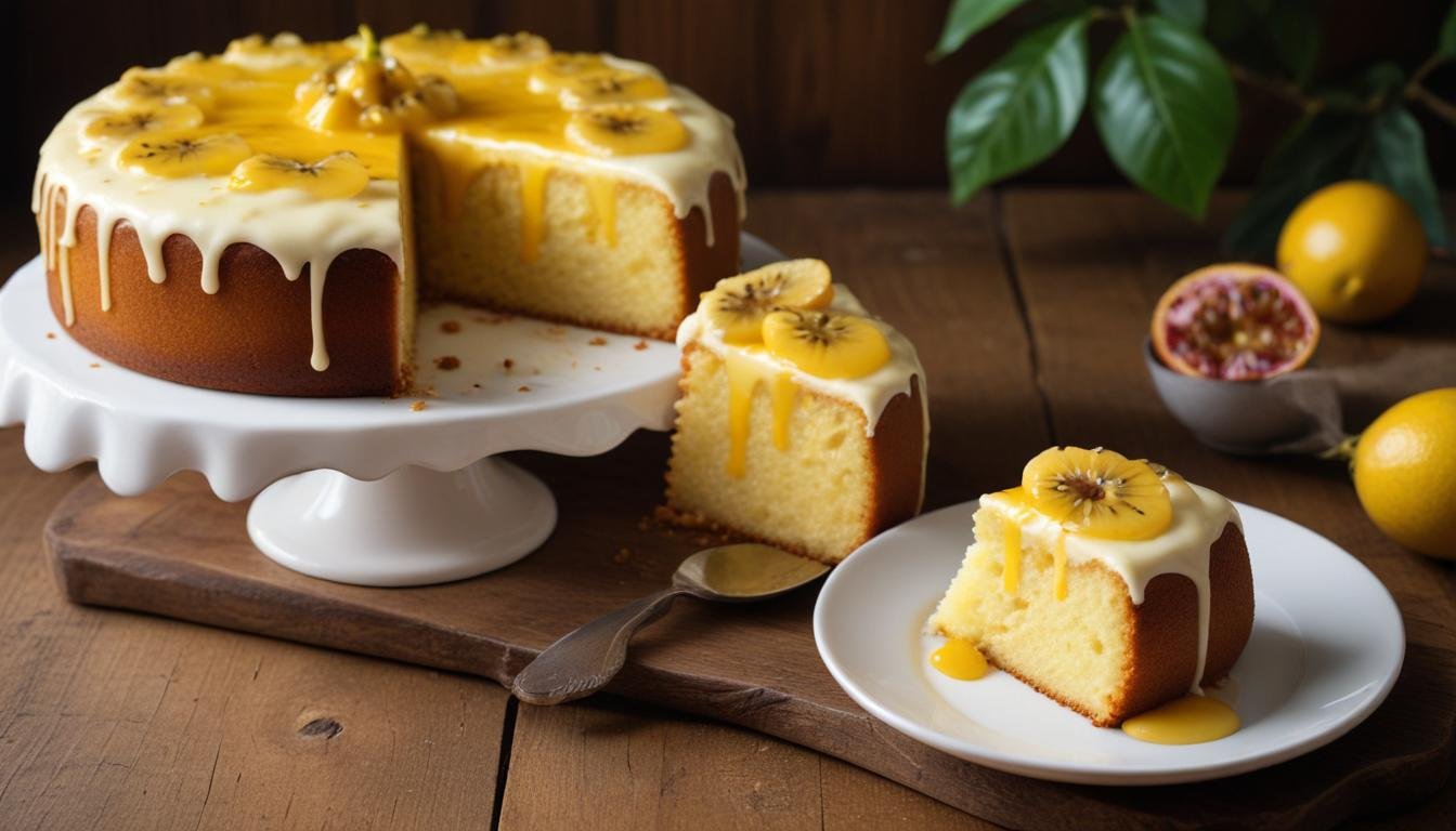 Fatia de bolo de maracujá cremoso com cobertura brilhante de leite condensado e maracujá escorrendo pelas laterais