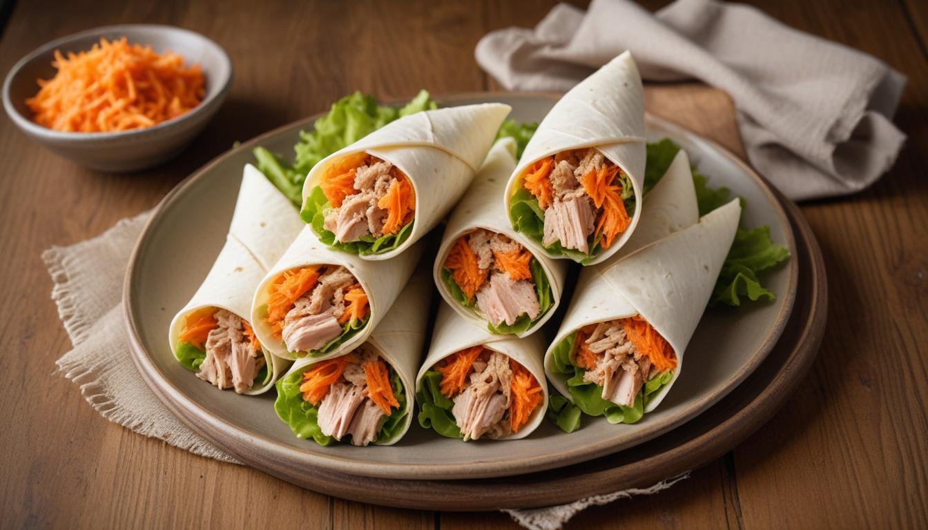 Cones de rap10 integral recheados com atum rápido cremoso, cenoura e alface, regados com azeite, servidos em prato branco