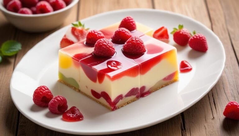 Maravilha Tricolor Light desenformada em prato branco com cubinhos coloridos de gelatina de framboesa, morango e uva