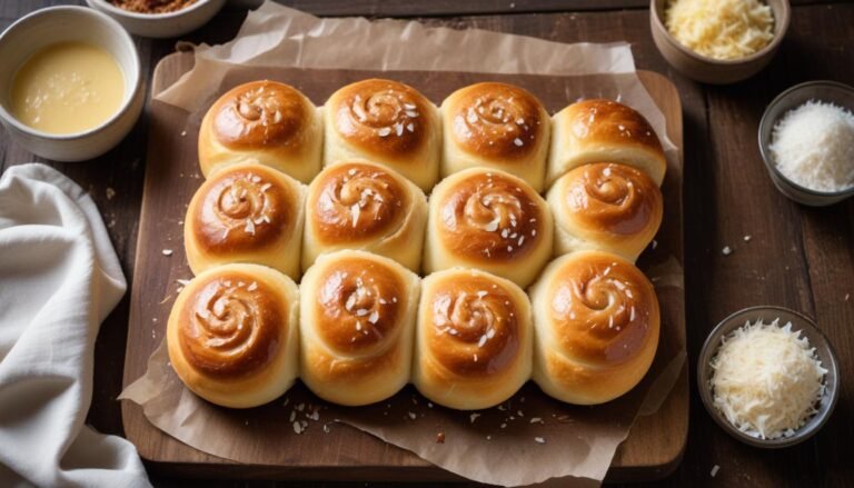 Doce rápido de coco fofinho coberto com coco ralado e calda de açúcar em tábua de madeira