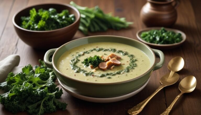 Tigela de caldo verde na air fryer com couve verde vibrante, rodelas de linguiça dourada e fio de azeite, servido em cerâmica rústica
