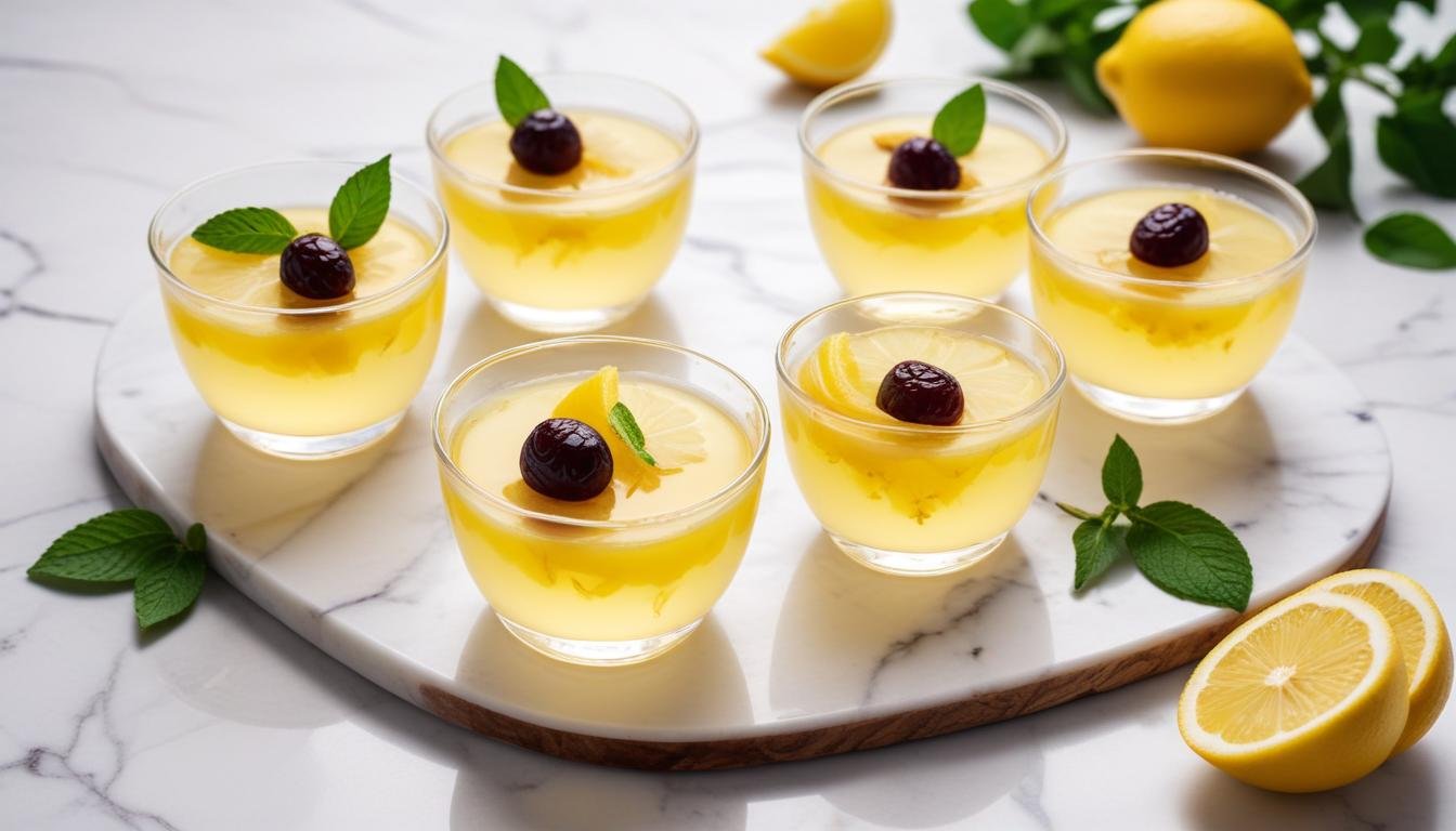 Taça de limão light cremosa decorada com raspas de limão e ameixa seca, servida em taças de vidro