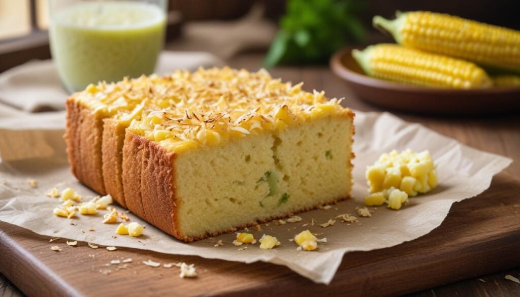Fatia de bolo de milho verde fofinho com coco ralado, mostrando a textura úmida e dourada, servido em tábua de madeira rústica