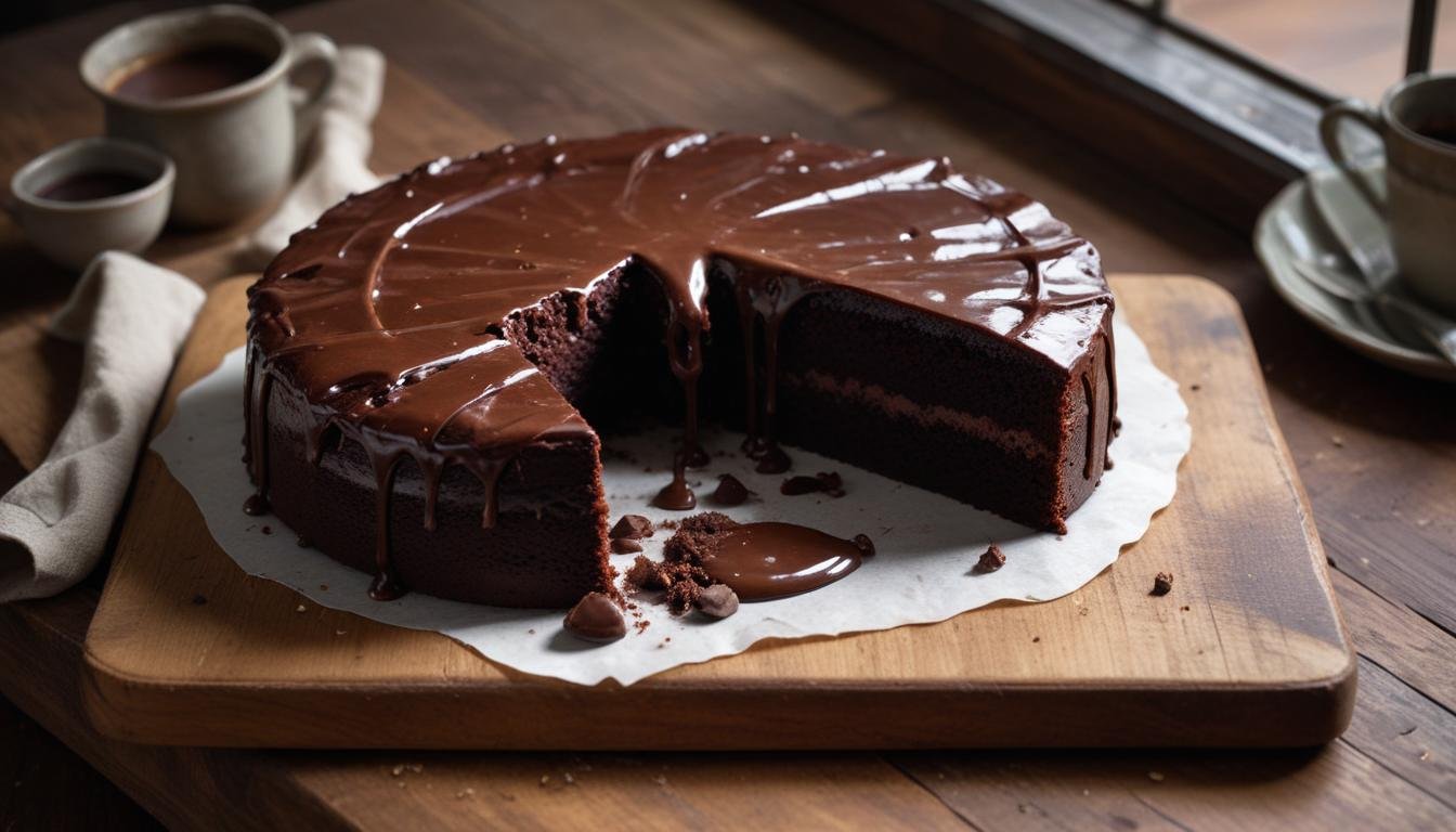 Fatia de bolo fácil de chocolate com cobertura brilhante servida em prato branco