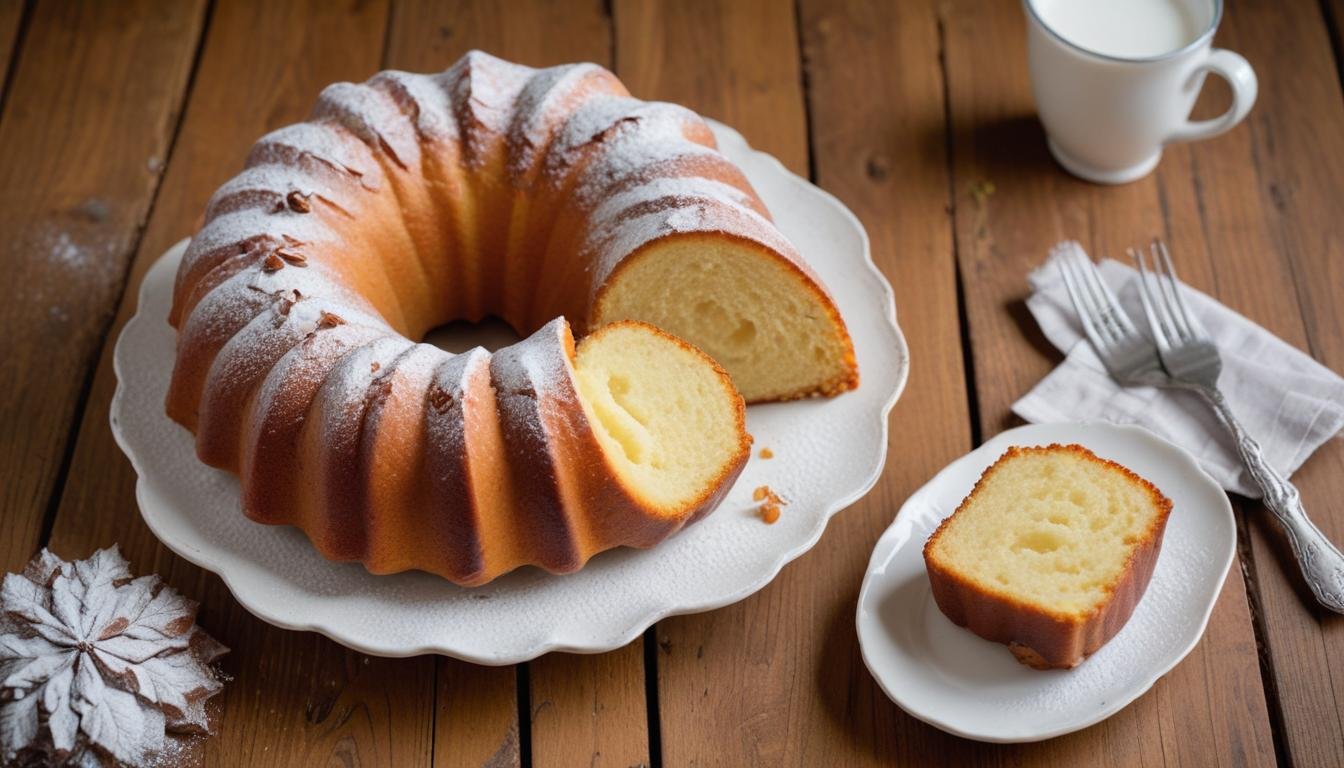 Bolo de iogurte fofinho polvilhado com açúcar de confeiteiro em prato branco sobre mesa de madeira