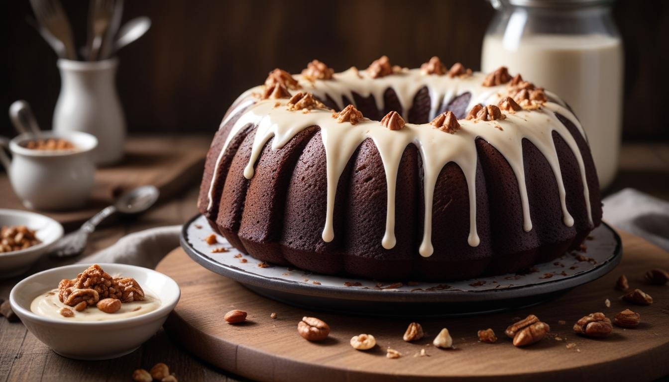 Bolo de chocolate na air fryer com cobertura de creme de avelã, fatiado sobre tábua de madeira