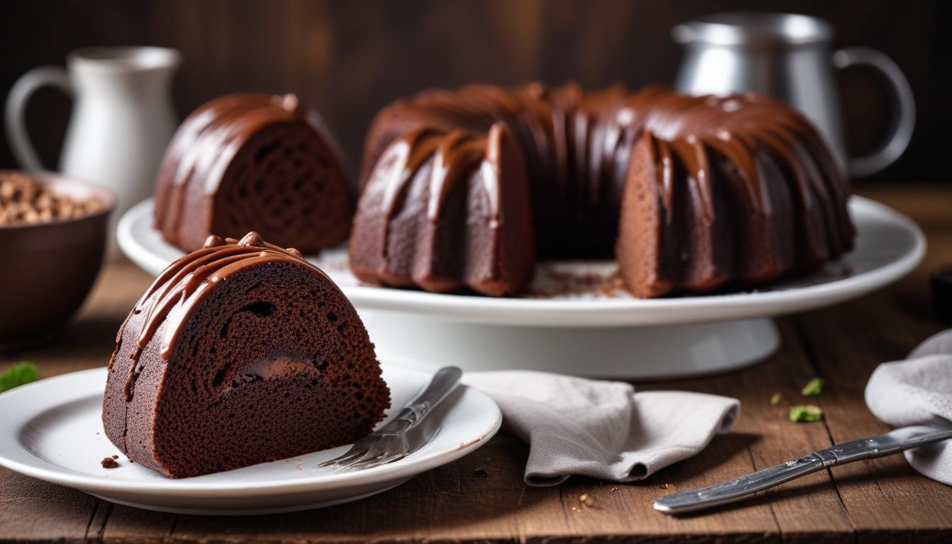 Fatia de bolo de chocolate na air fryer com cobertura de creme de avelã derretida, servida em prato branco sobre mesa de madeira