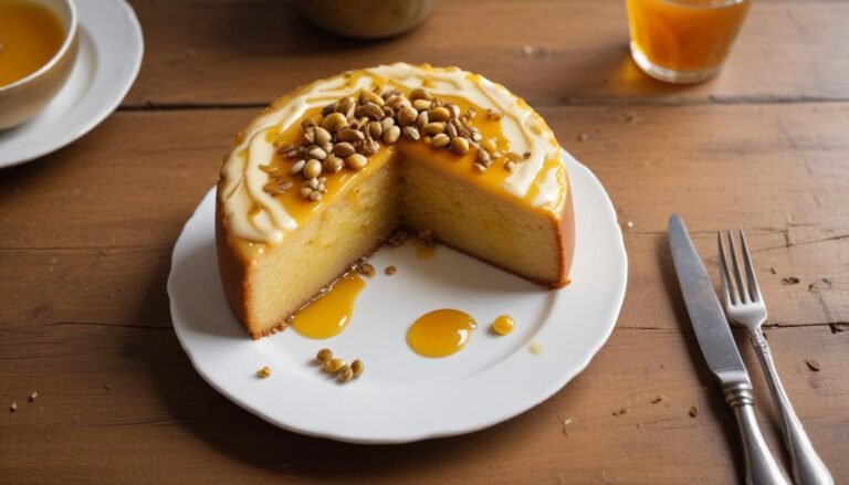 Bolo de maracujá fofinho com calda de maracujá e sementes por cima, servido em prato branco sobre mesa de madeira