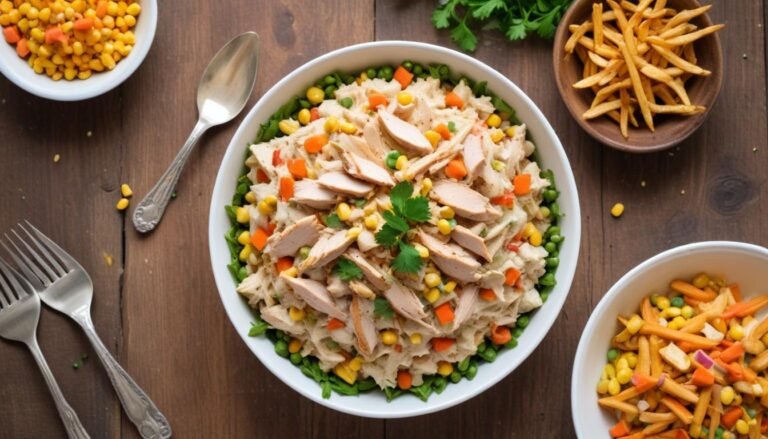 Salpicão de frango cremoso em travessa branca com batata palha por cima e salsinha fresca