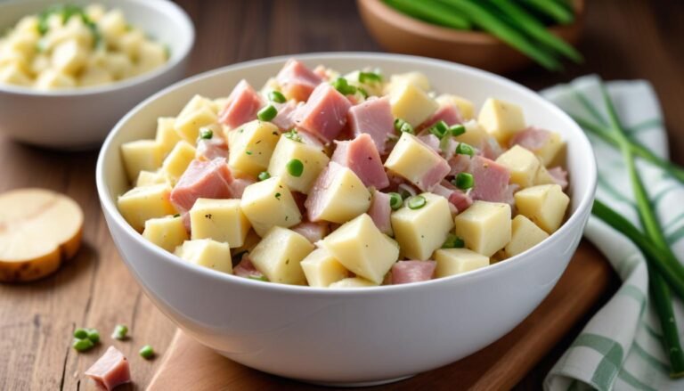 Salada de batata com presunto cremosa em tigela branca, finalizada com cebolinha verde e azeite
