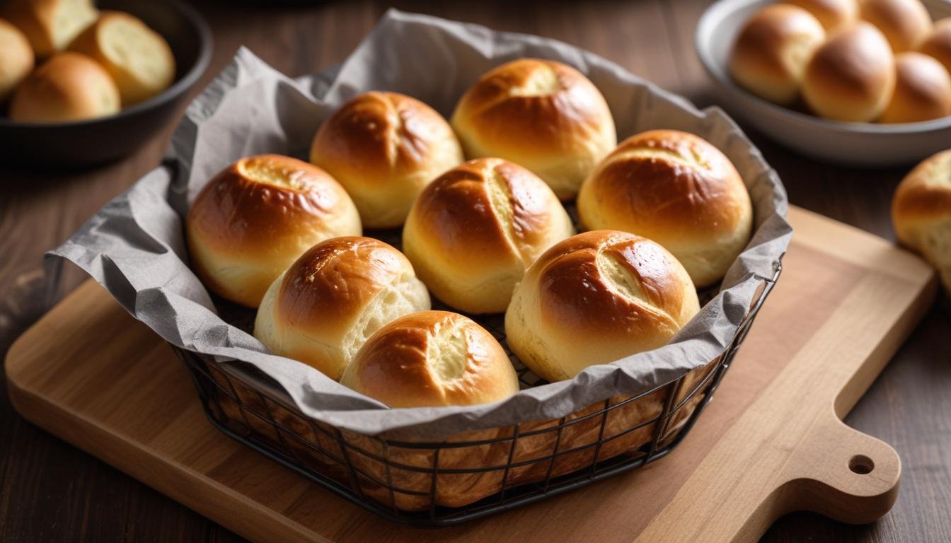 Pão air fryer para marmita dourado e fofinho sobre tábua de madeira, com miolo macio à mostra