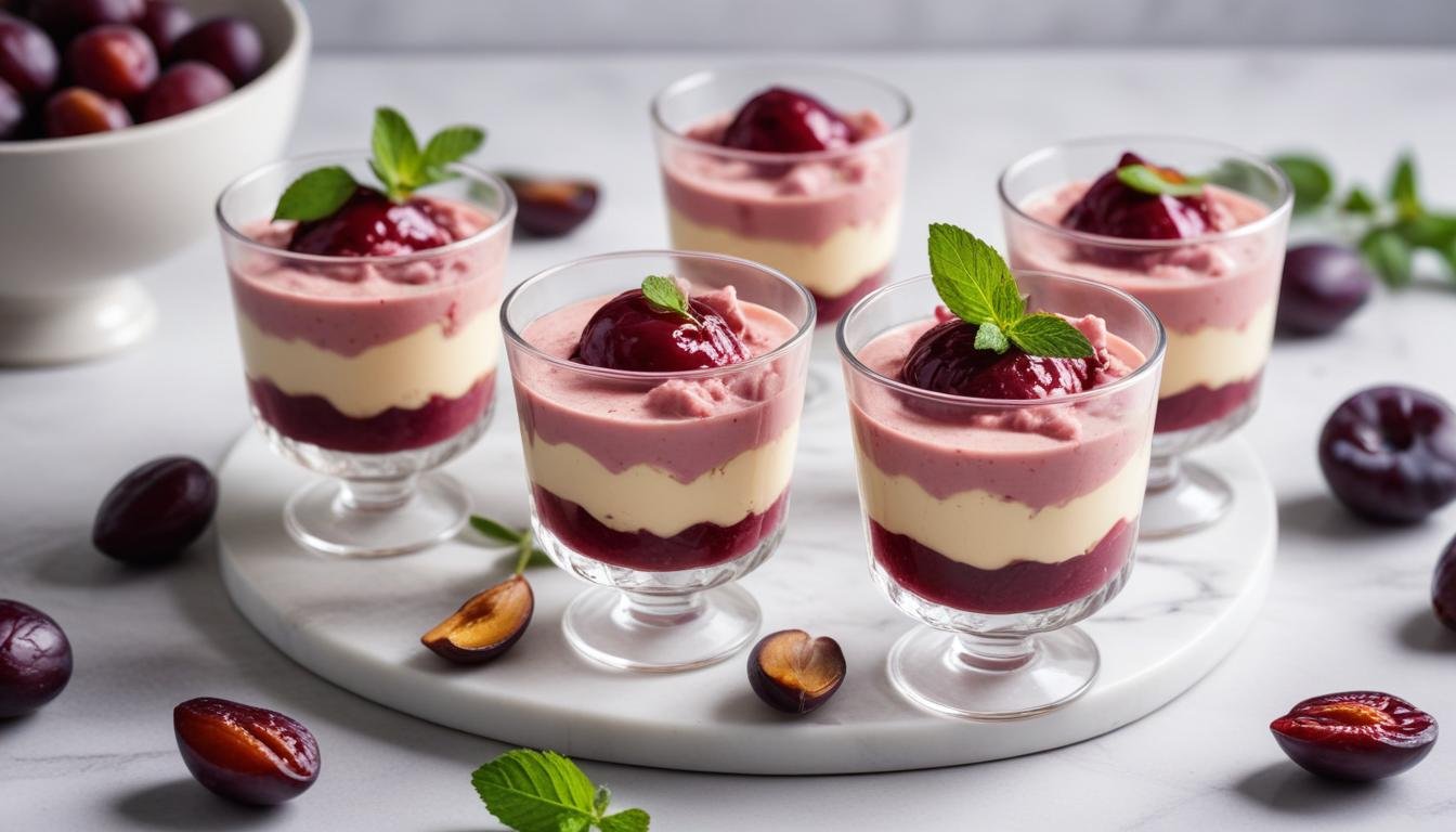 Mousse de Ameixa Light servido em taças individuais com pedaços de ameixa preta por cima