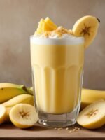 Vitamina Campeã cremosa de banana, maçã, cenoura e pêssego servida em copo alto de vidro