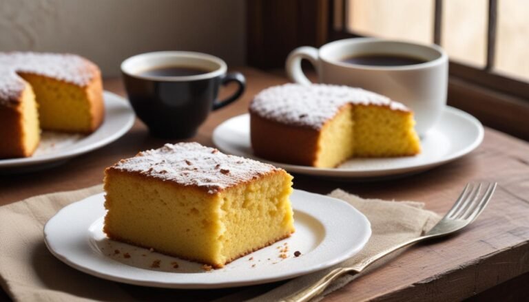 Bolo rápido de fubá cremoso fatiado em prato branco, com casca dourada e interior úmido, servido ao lado de café preto