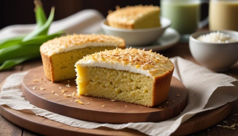 Fatia de bolo de milho verde fofinho com coco ralado, mostrando a textura úmida e dourada da massa caseira