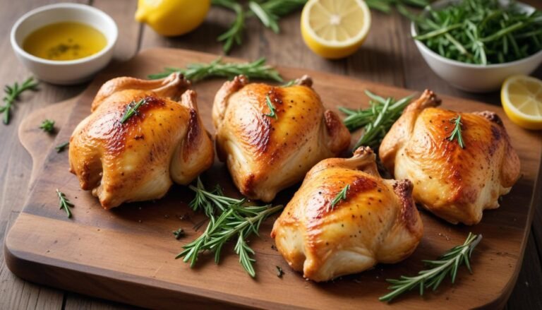 Frango assado air fryer dourado e crocante, servido com ervas frescas e rodelas de limão, perfeito para o almoço