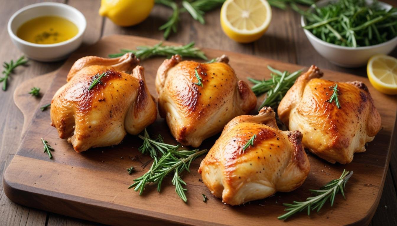 Frango assado air fryer dourado e crocante, servido com ervas frescas e rodelas de limão, perfeito para o almoço