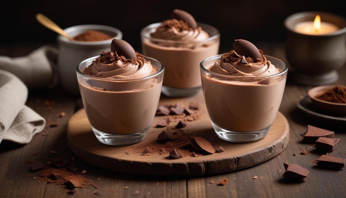 Mousse fácil de chocolate cremoso servido em taças de vidro com raspas de chocolate por cima