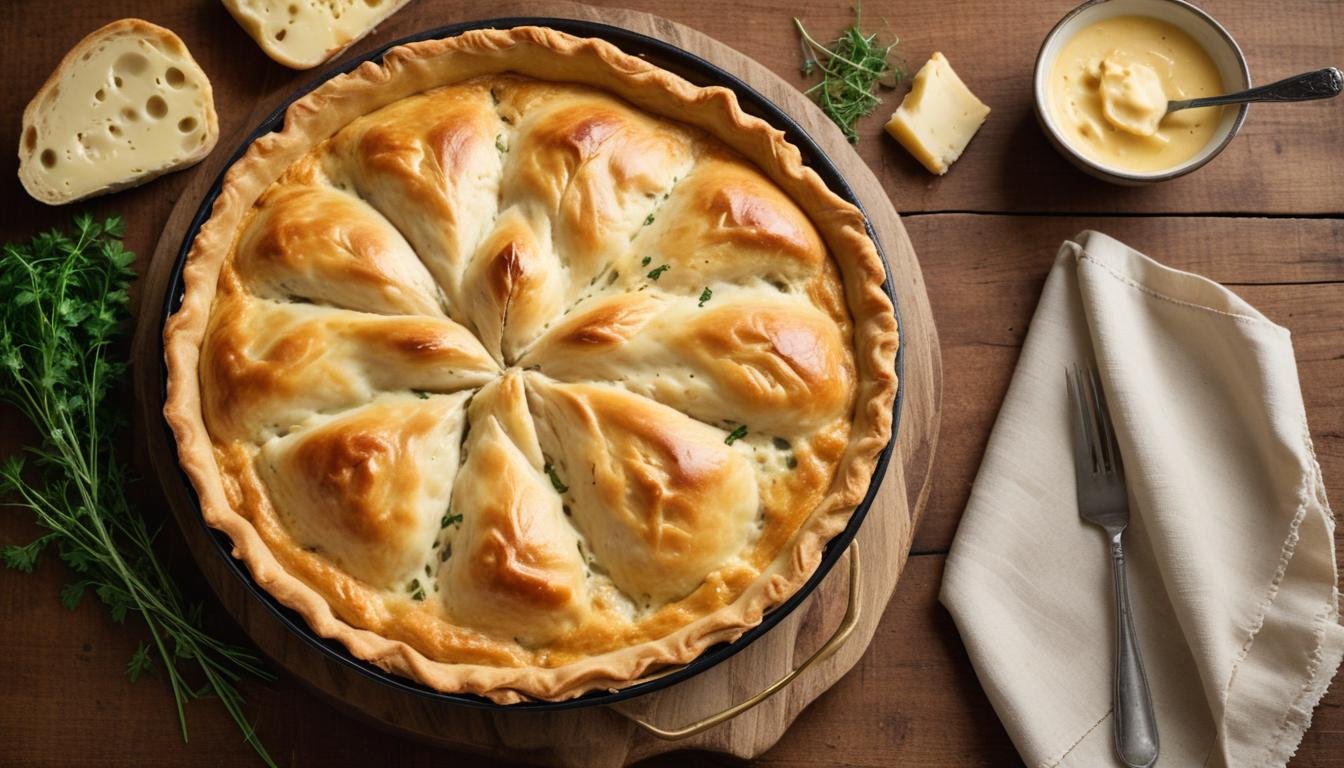 Torta cremosa de frango dourada e fatiada em forma redonda, com recheio de frango desfiado e cobertura aveludada