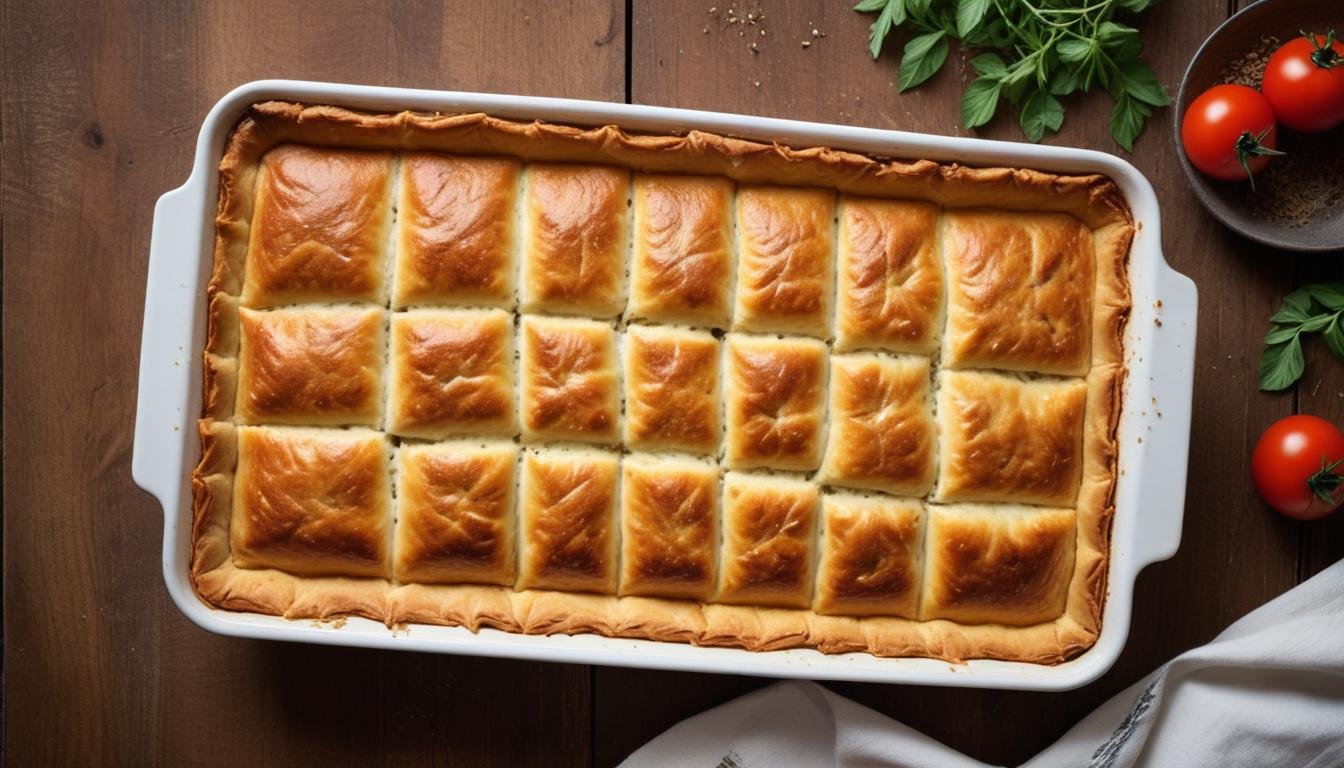 Torta Bauru fatiada em quadrados, dourada e cremosa, com recheio de presunto, mussarela e tomate, servida em assadeira retangular